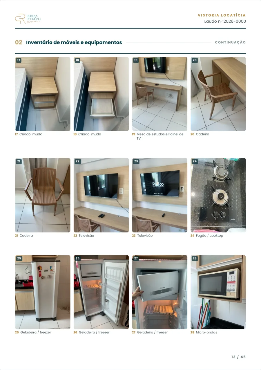 Página do laudo modelo: o inventário de móveis e equipamentos, com foto numerada item a item