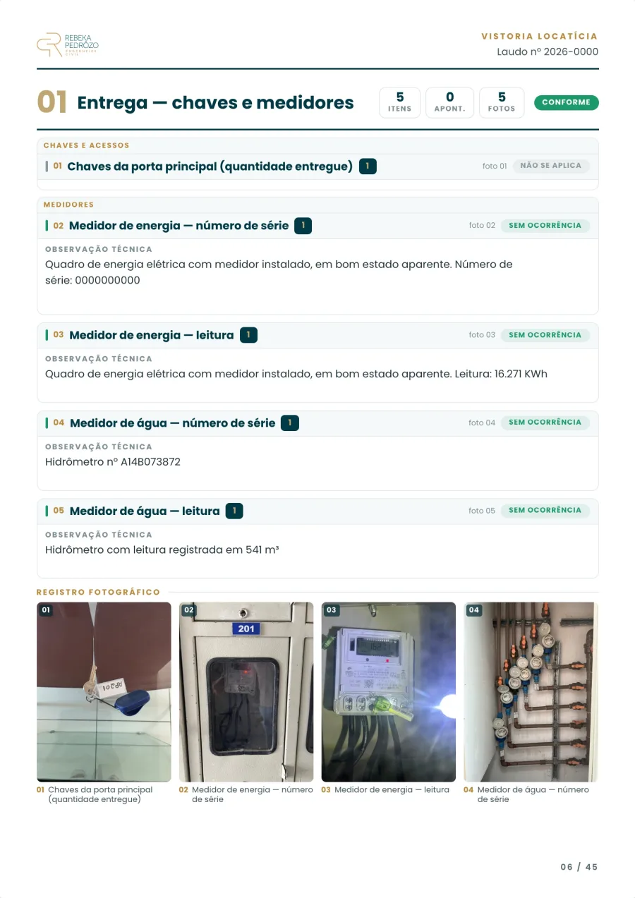 Página do laudo modelo: chaves entregues, hidrômetro e medidor de energia com a leitura da data