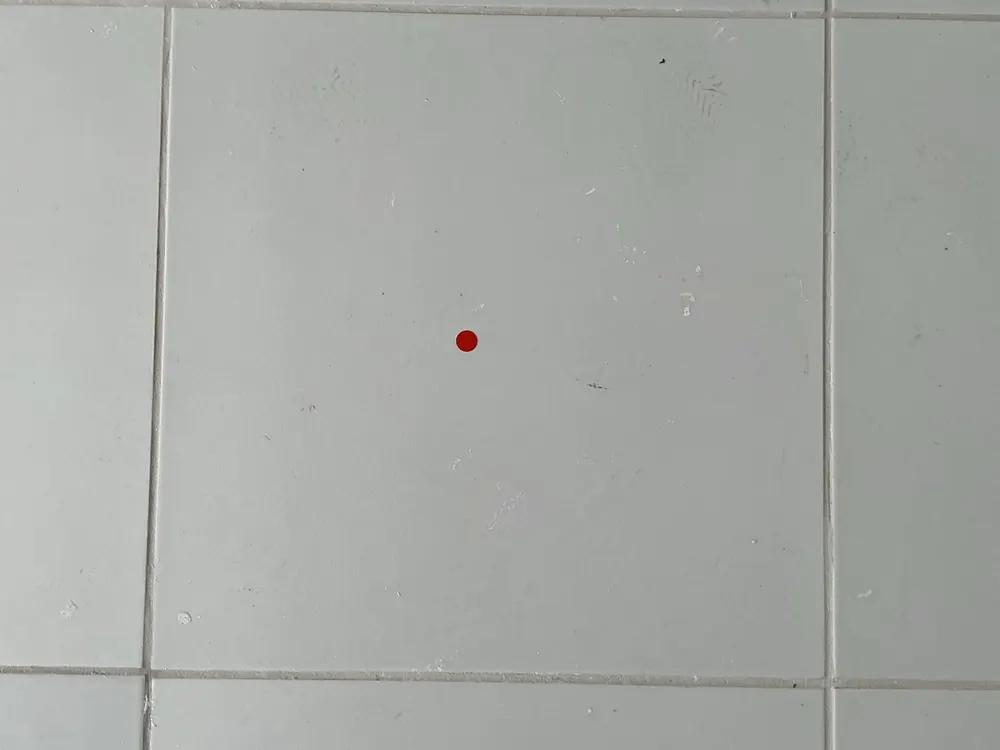 Peça de piso cerâmico com o ponto do achado marcado em vermelho no centro